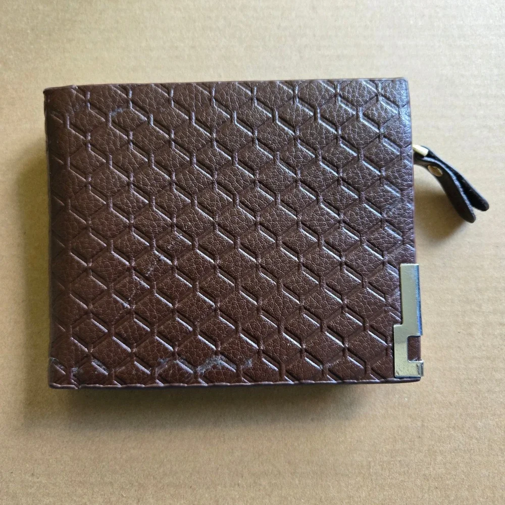 Mens Brown Honeycomb Embossed Bifold Wallet with ID Window and Zipper Pocket